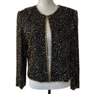 Draper’s & Damon’s | Vintage 100% Silk Sequin Jacket Black Gold 10 Petite